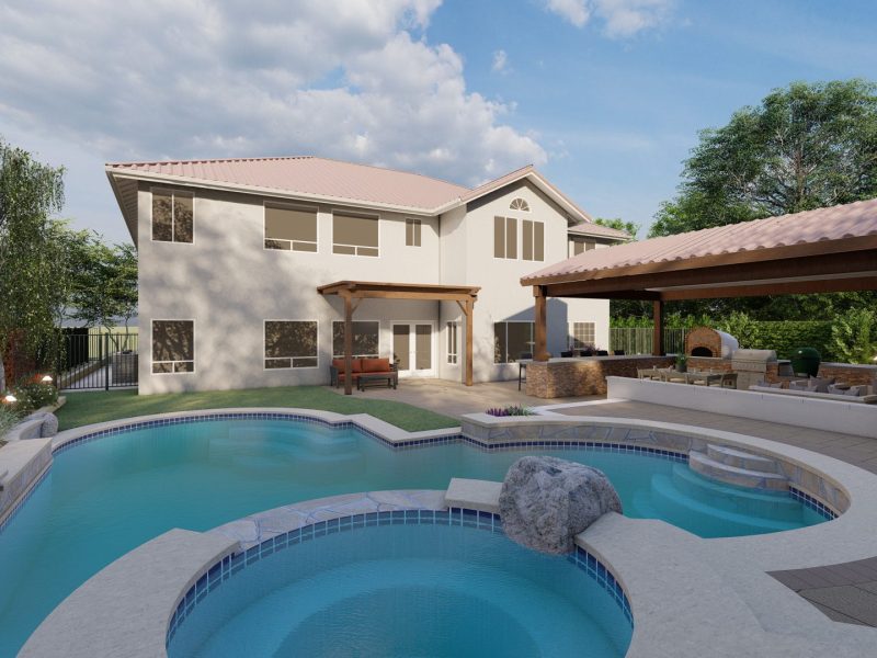 3D rendering of the pool, spa, and covered outdoor kitchen