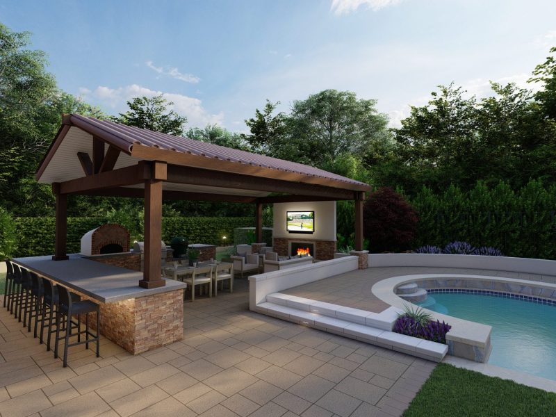 3D rendering of the covered lounge with fireplace, TV, and bar seating next to the pool