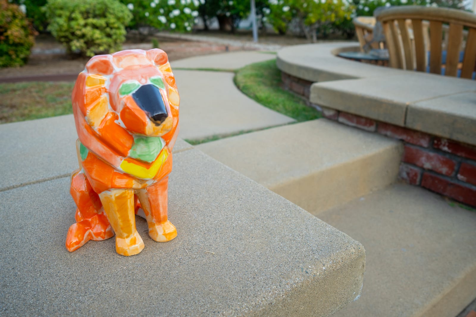 Hand-painted lion statue on the Spanish Estate patio