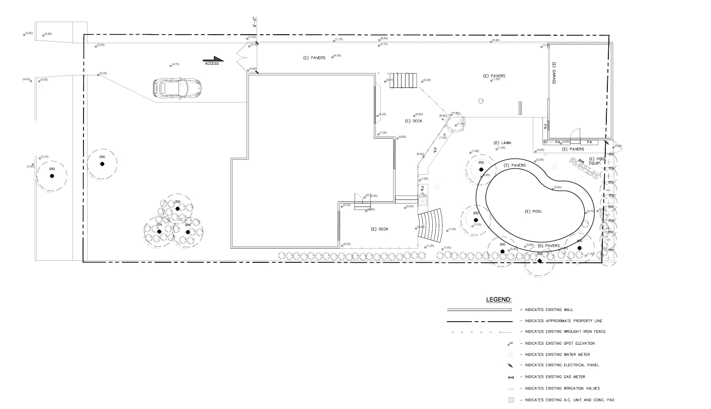 Existing site plan for the Beverly Hills backyard, recording the oval pool, pavers, garage and established trees before construction