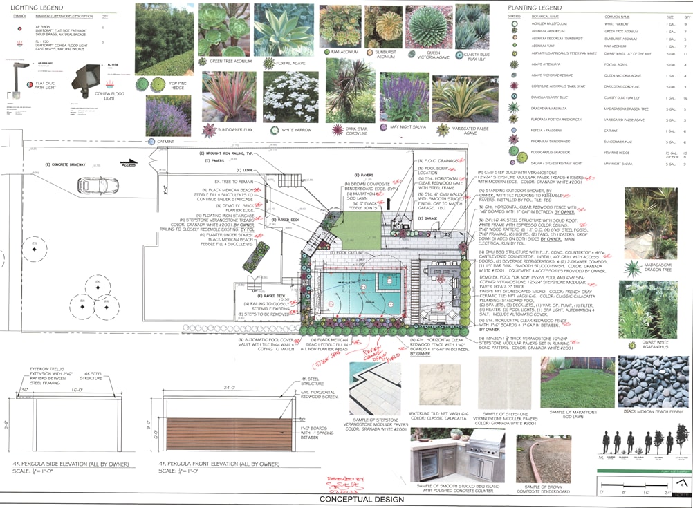 Conceptual landscape plan with the pool, spa, pergola, lighting and planting legend for the Beverly Hills backyard