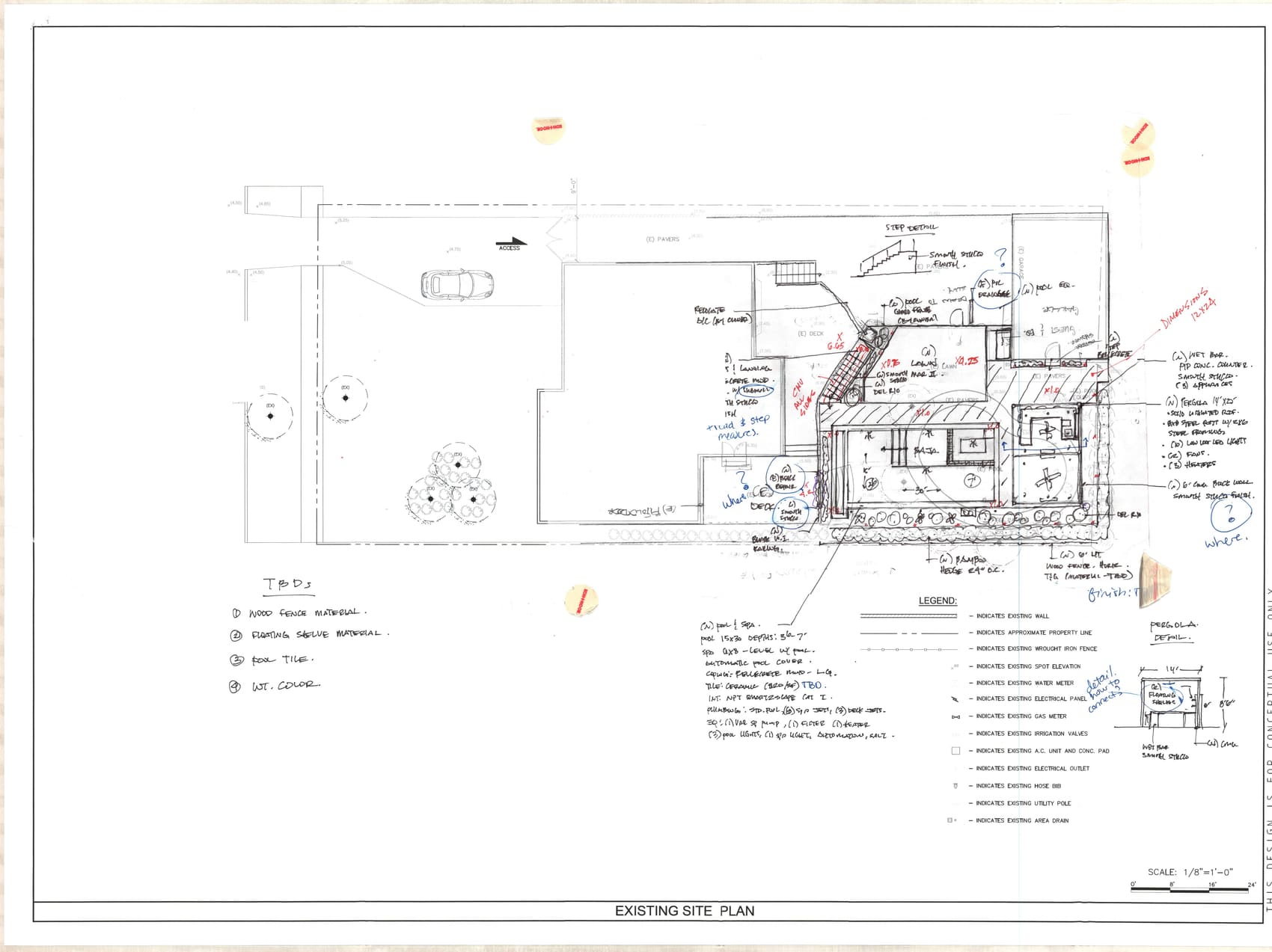 The designer's hand-marked-up print of the base plan, working out the new pool, raised spa, wet bar and pergola dimensions