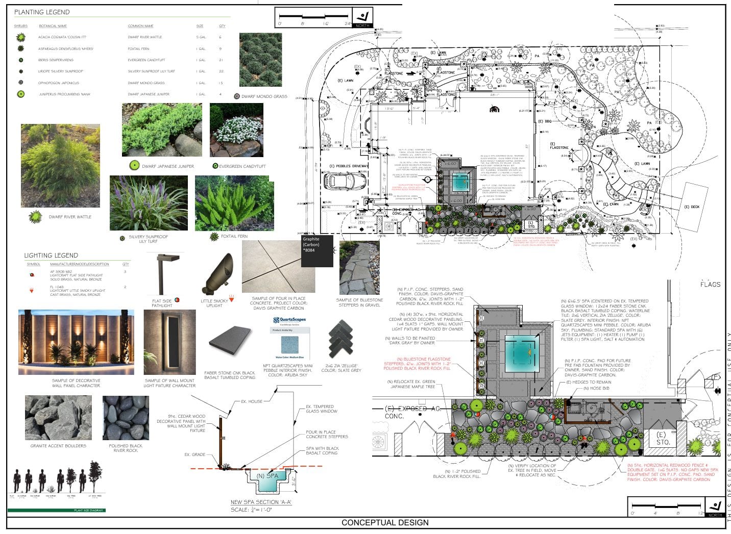 Conceptual design for the courtyard, with spa section, material samples, planting legend and lighting legend
