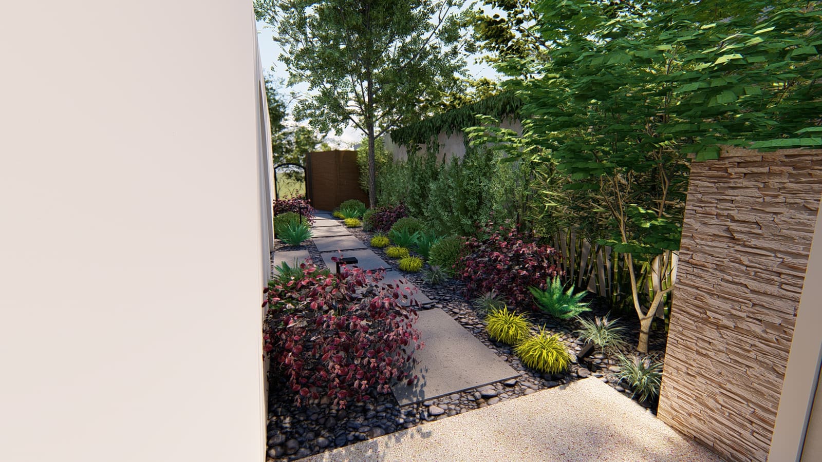 Rendering of the planted side path, with concrete steppers over river rock and layered foliage