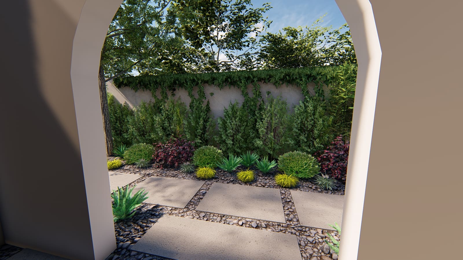 Rendering of the hedge-topped boundary wall with conifers and low planting along the steppers