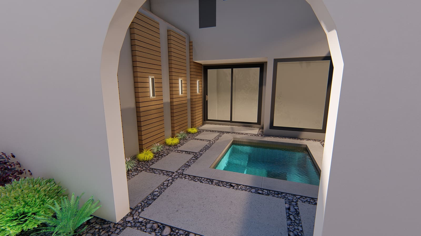 Rendering of the courtyard showing the cedar slat panels, sliding door and spa