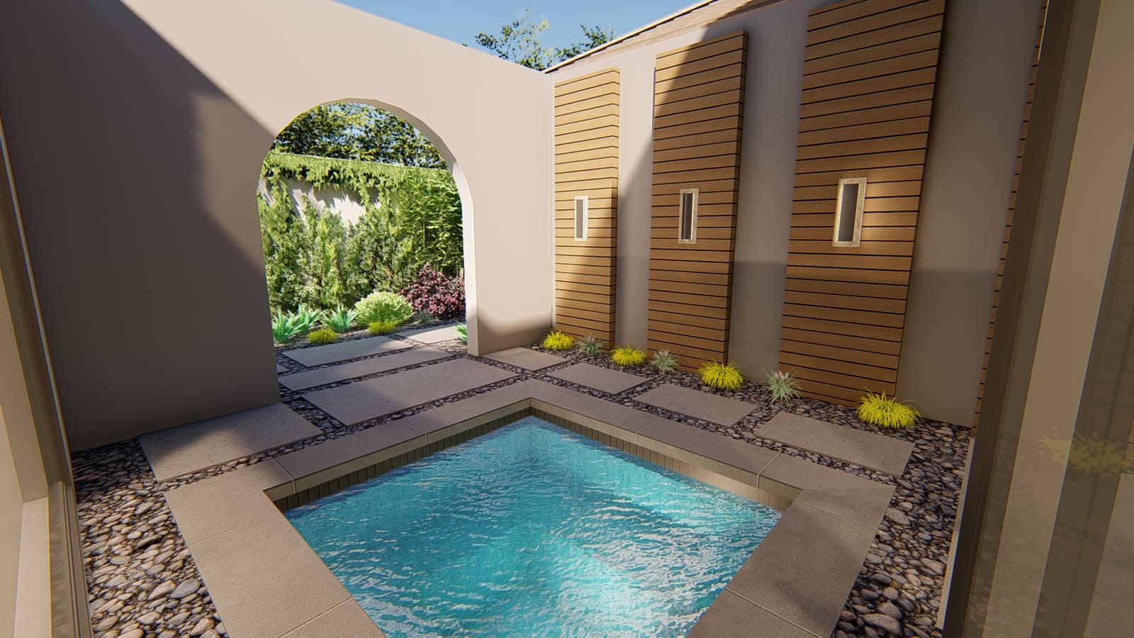 Rendering of the arch view onto the spa, with slat walls to either side