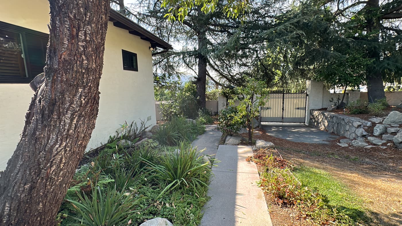 The concrete side walk before construction, running past flax and mulched beds to a metal gate