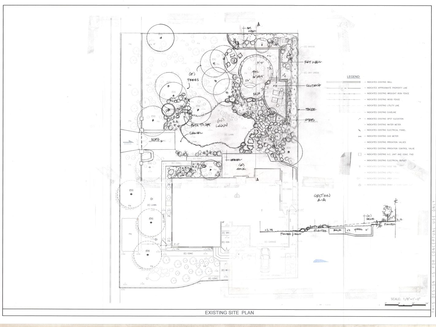 Existing site plan of the property, marked up by hand with the proposed pool, retaining wall, sundeck and paths