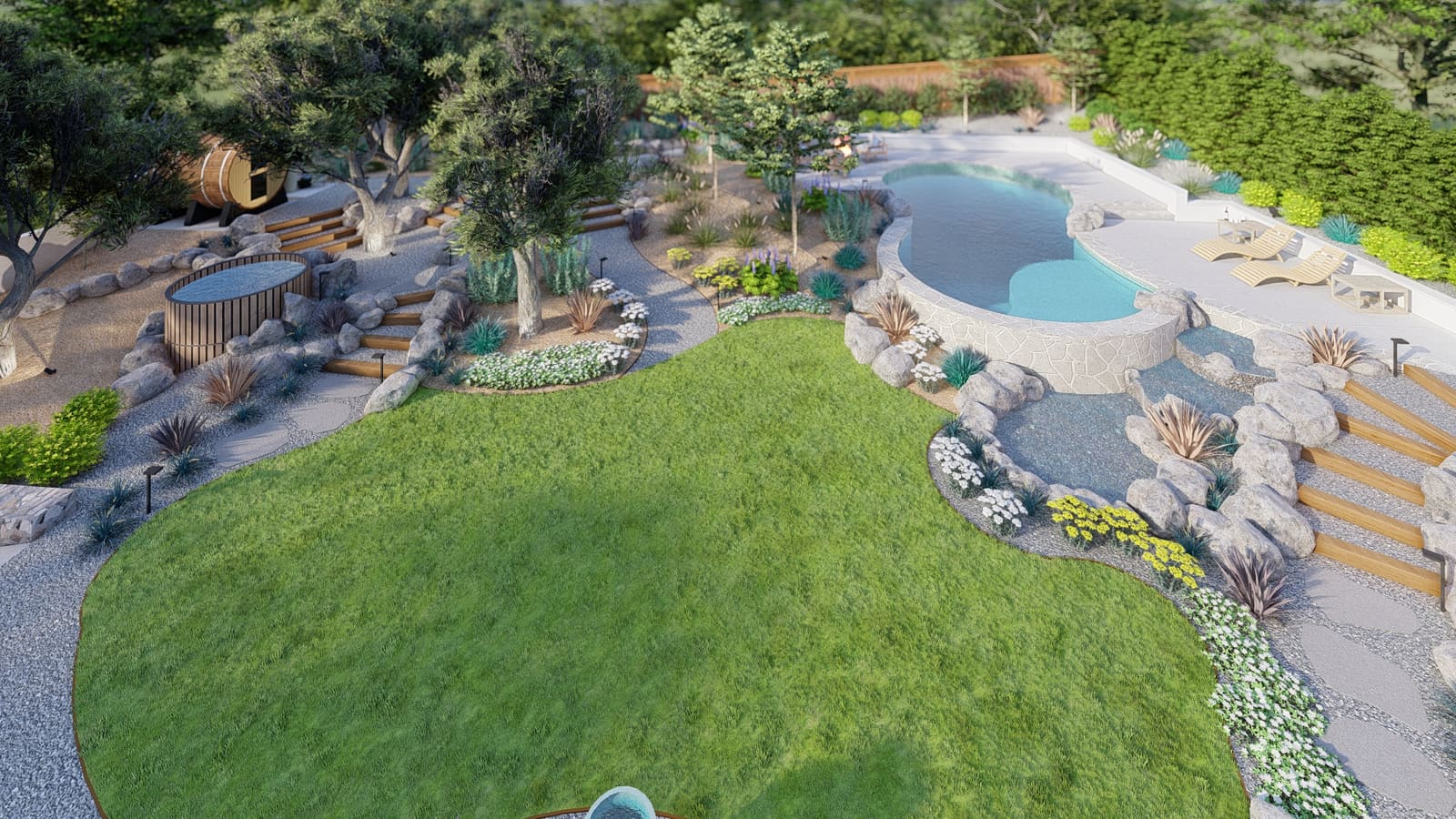 Rendering of the proposed freeform pool seen from above, with lawn and boulder-edged planting beds