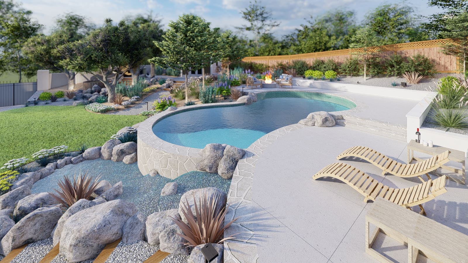 Rendering of the pool with boulder coping, flagstone deck and fire feature