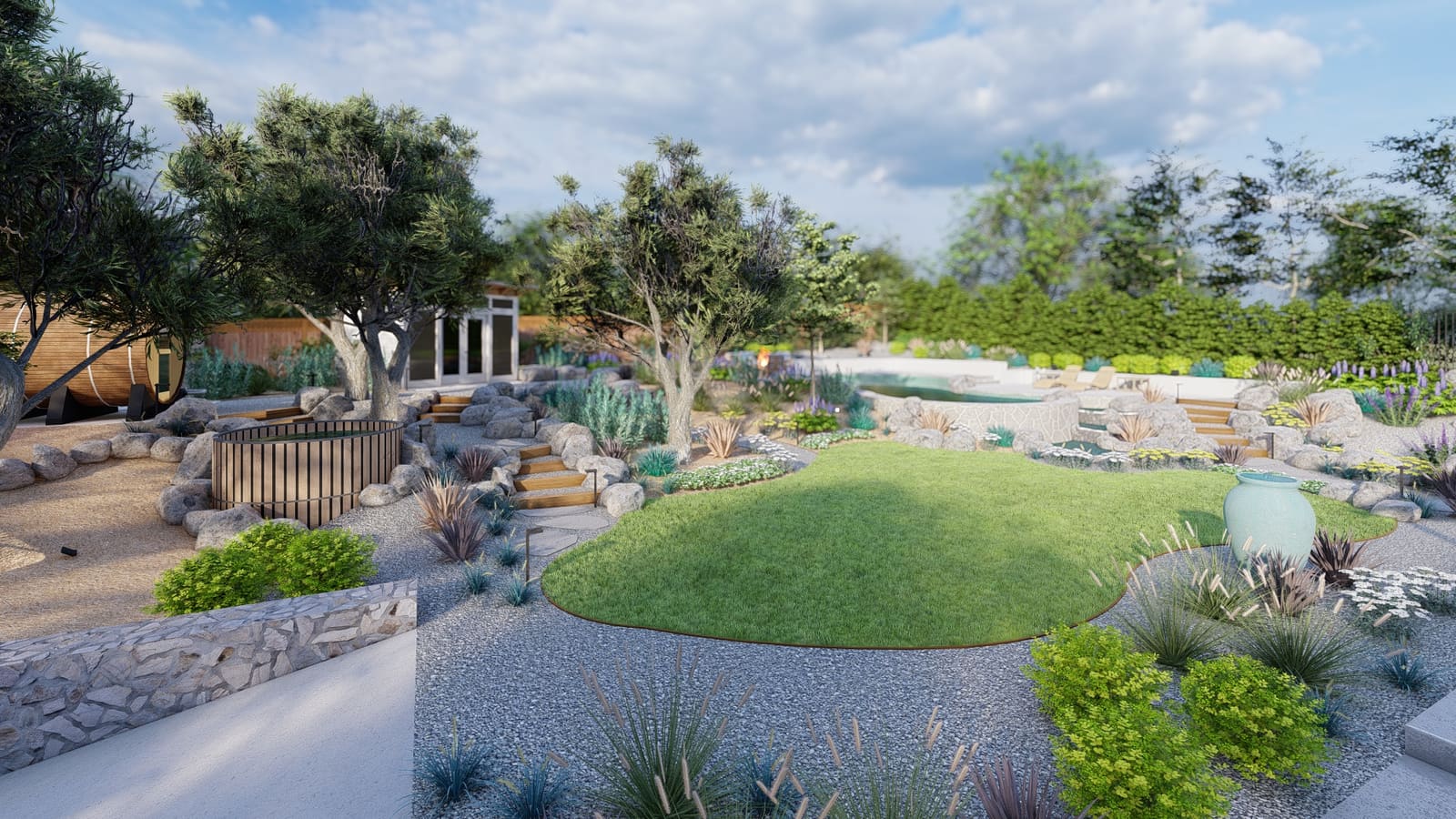 Rendering of the lawn oval, gravel terrace, boulders and timber steps