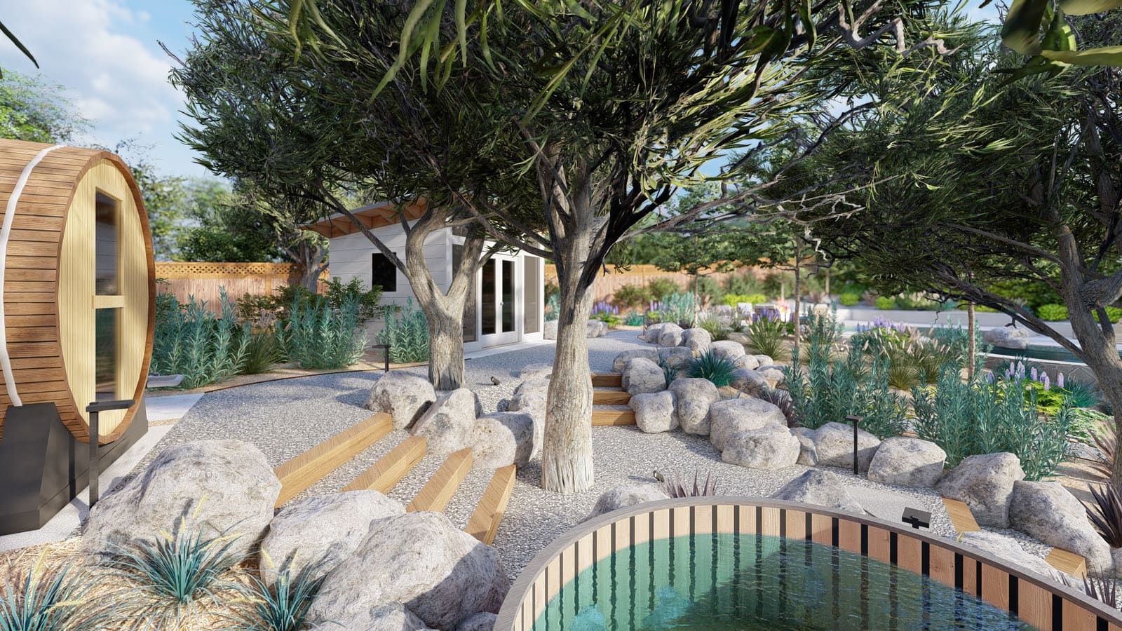Rendering of timber steps rising under olive trees toward the spa
