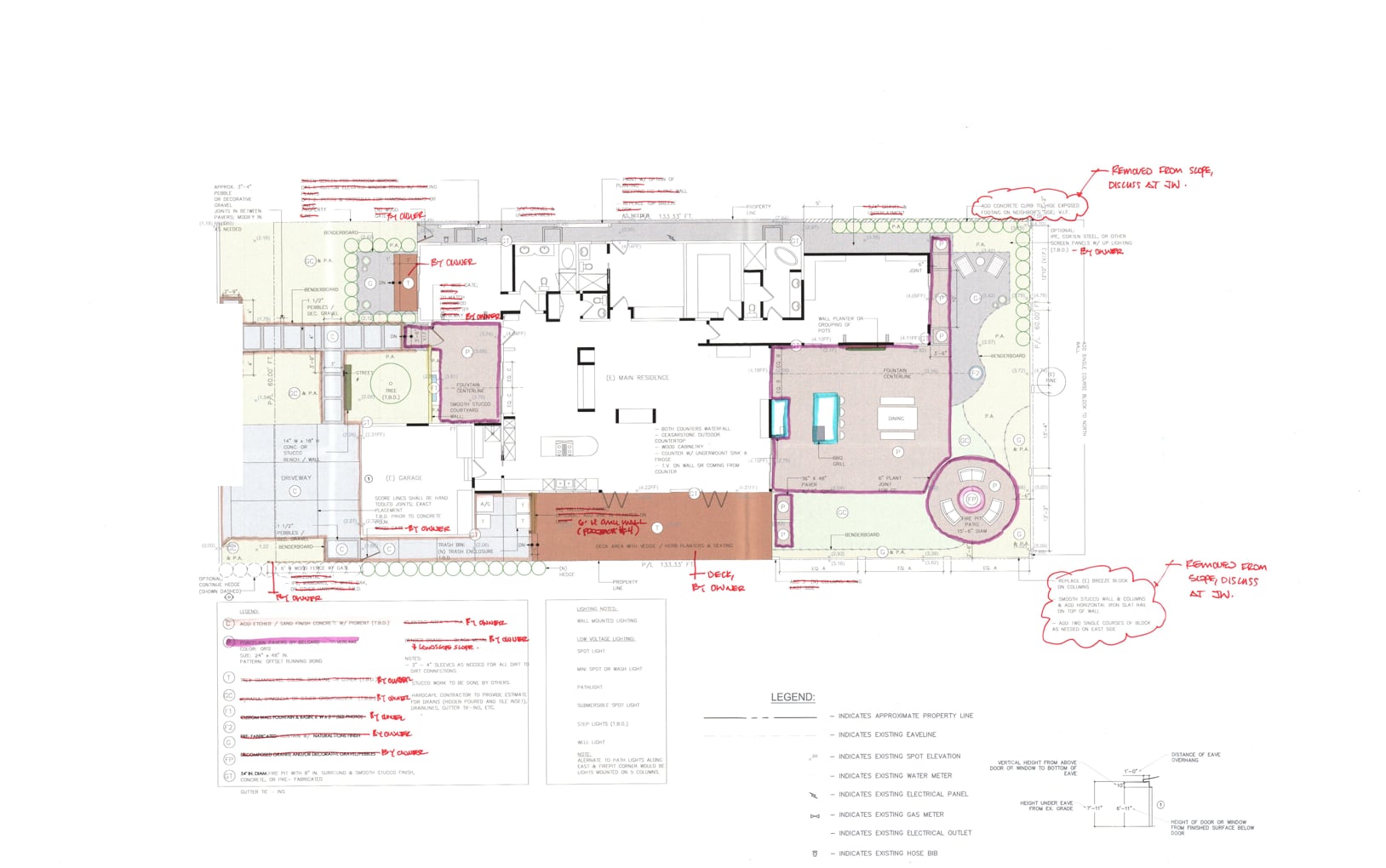 Marked-up hardscape plan for the property, showing paving materials, the outdoor kitchen, fire pit, fountains and the lighting schedule, with revision notes in red and blue