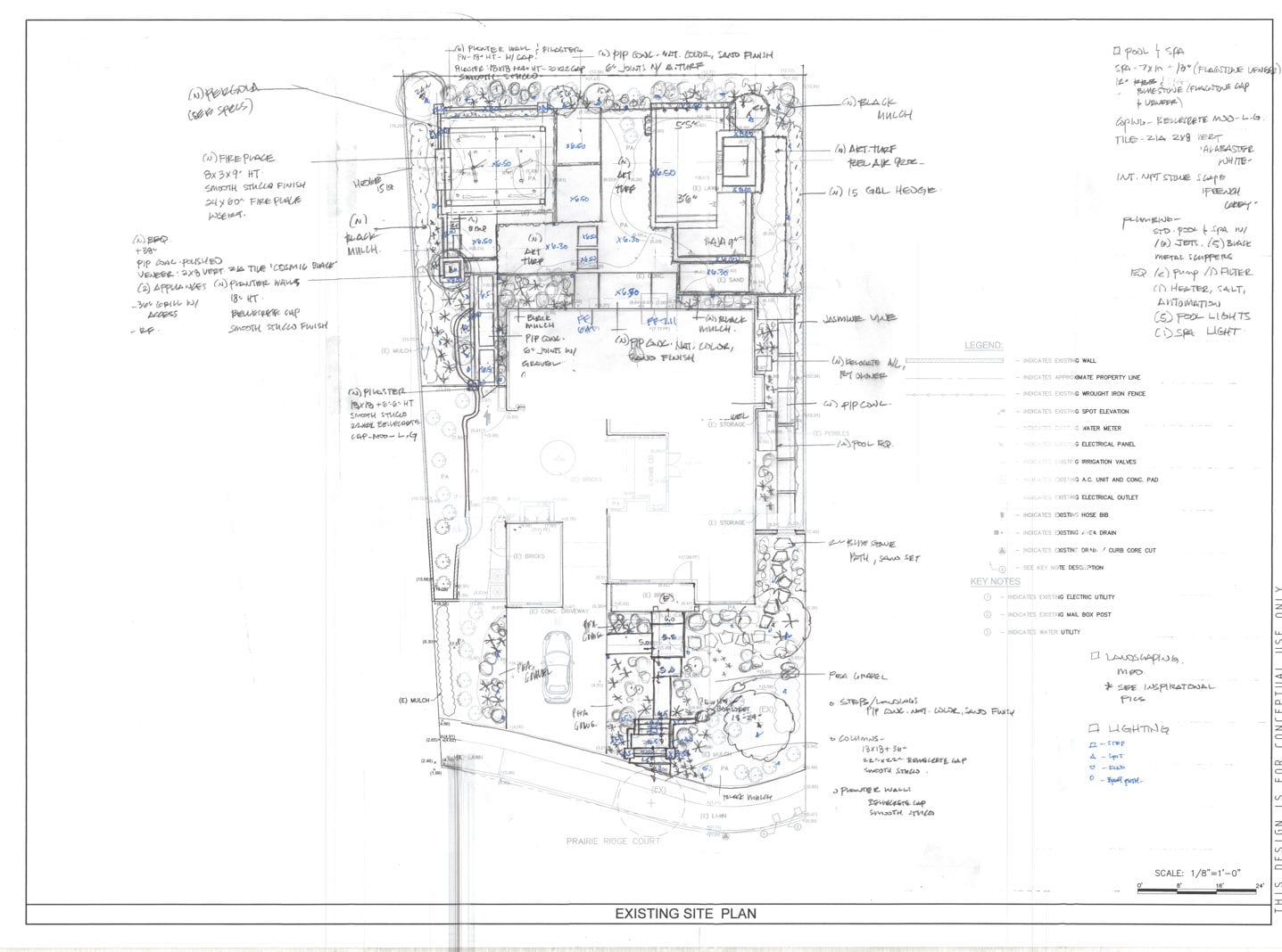 Existing site plan of the property, marked up by hand with the proposed pool, pergola, fireplace and kitchen