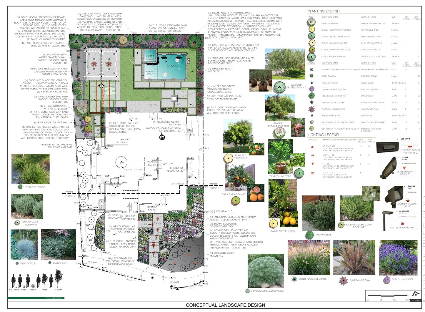 Conceptual landscape design for the back yard, with pool, cabana, kitchen, planting legend and lighting legend