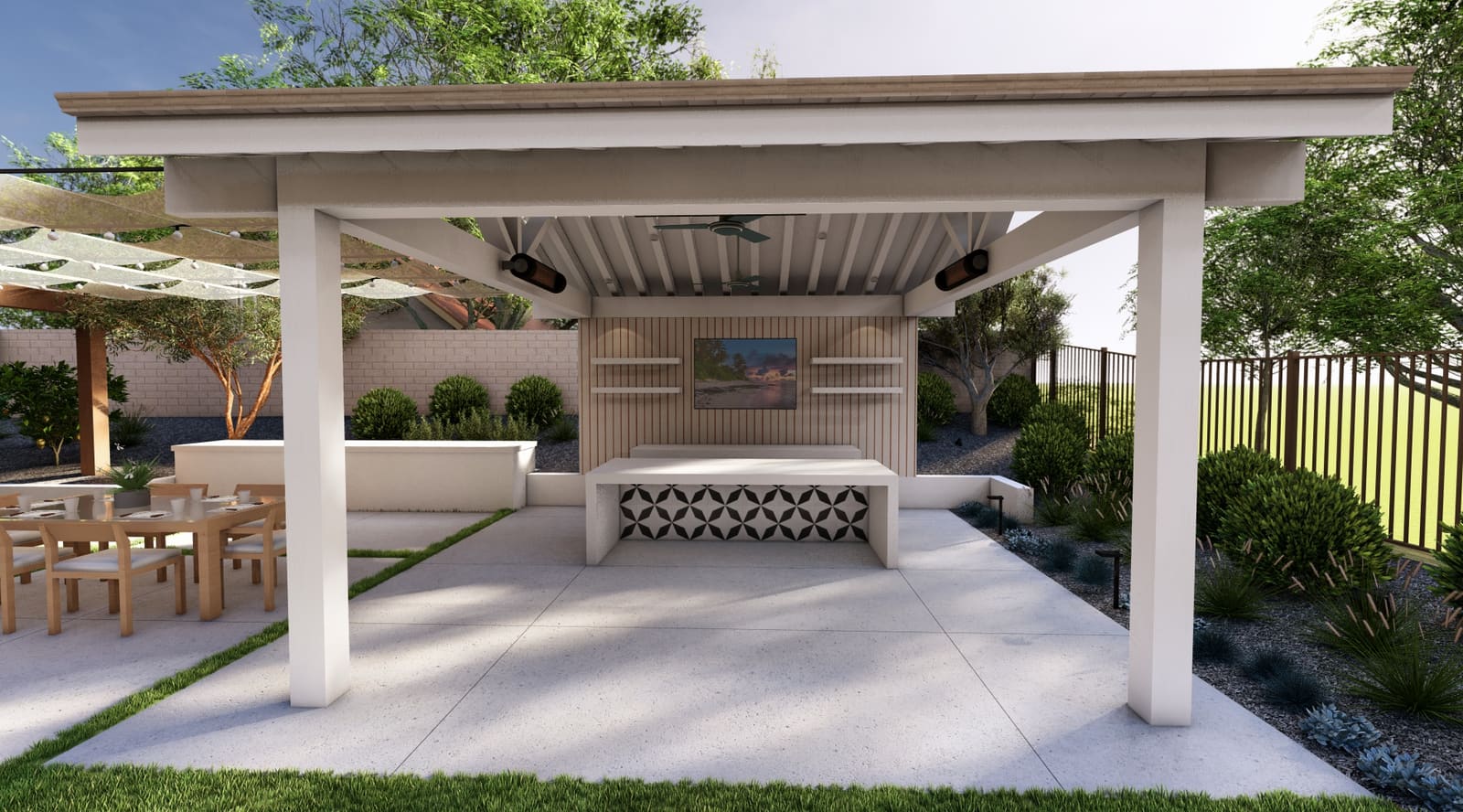 Rendering of the proposed cabana with its bar, screen wall and tiled counter front
