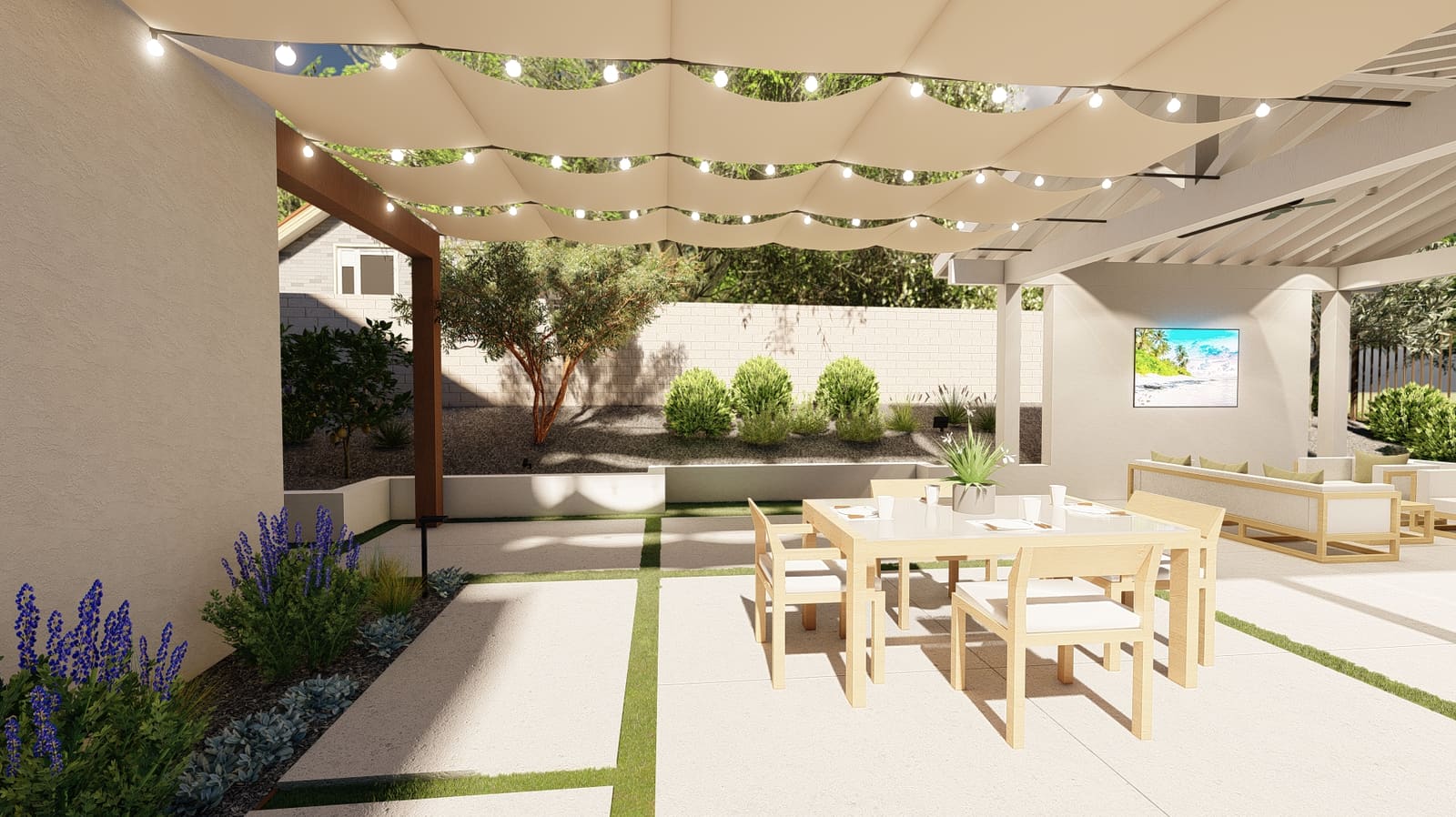 Rendering of the shade structure over the dining terrace, with fabric panels and string lights