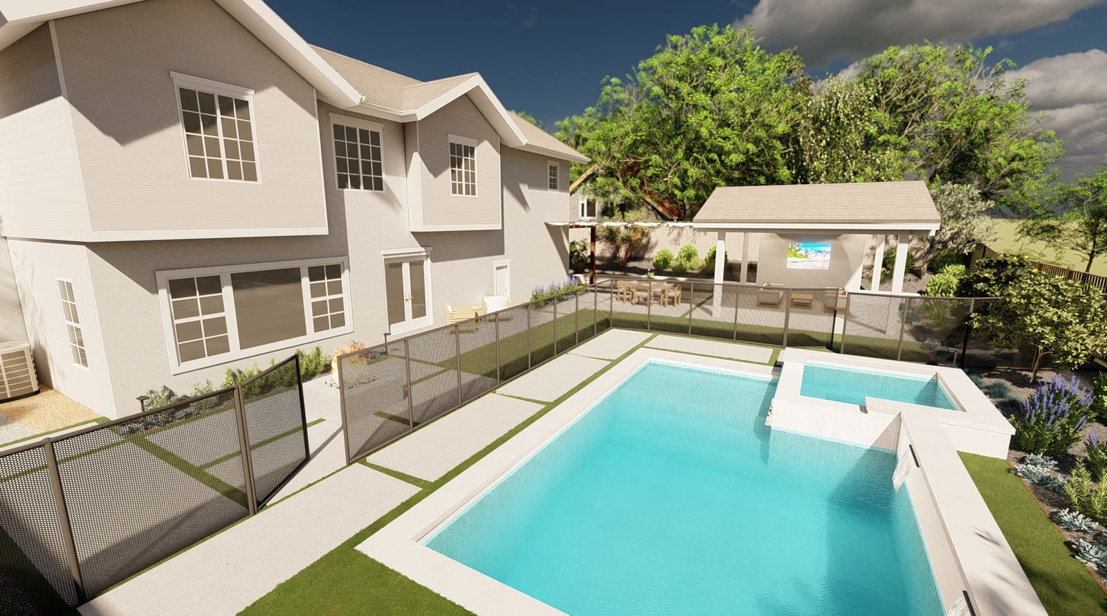 Rendering of the proposed pool and raised spa with the safety fence in place
