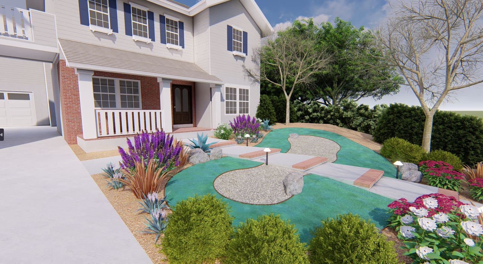Rendering of a front yard concept with turf panels, gravel beds and flowering salvia