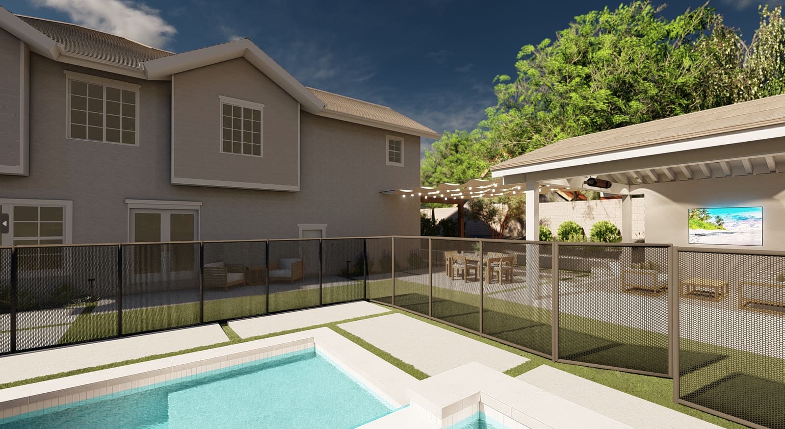 Rendering of the pool at dusk, looking back toward the dining terrace