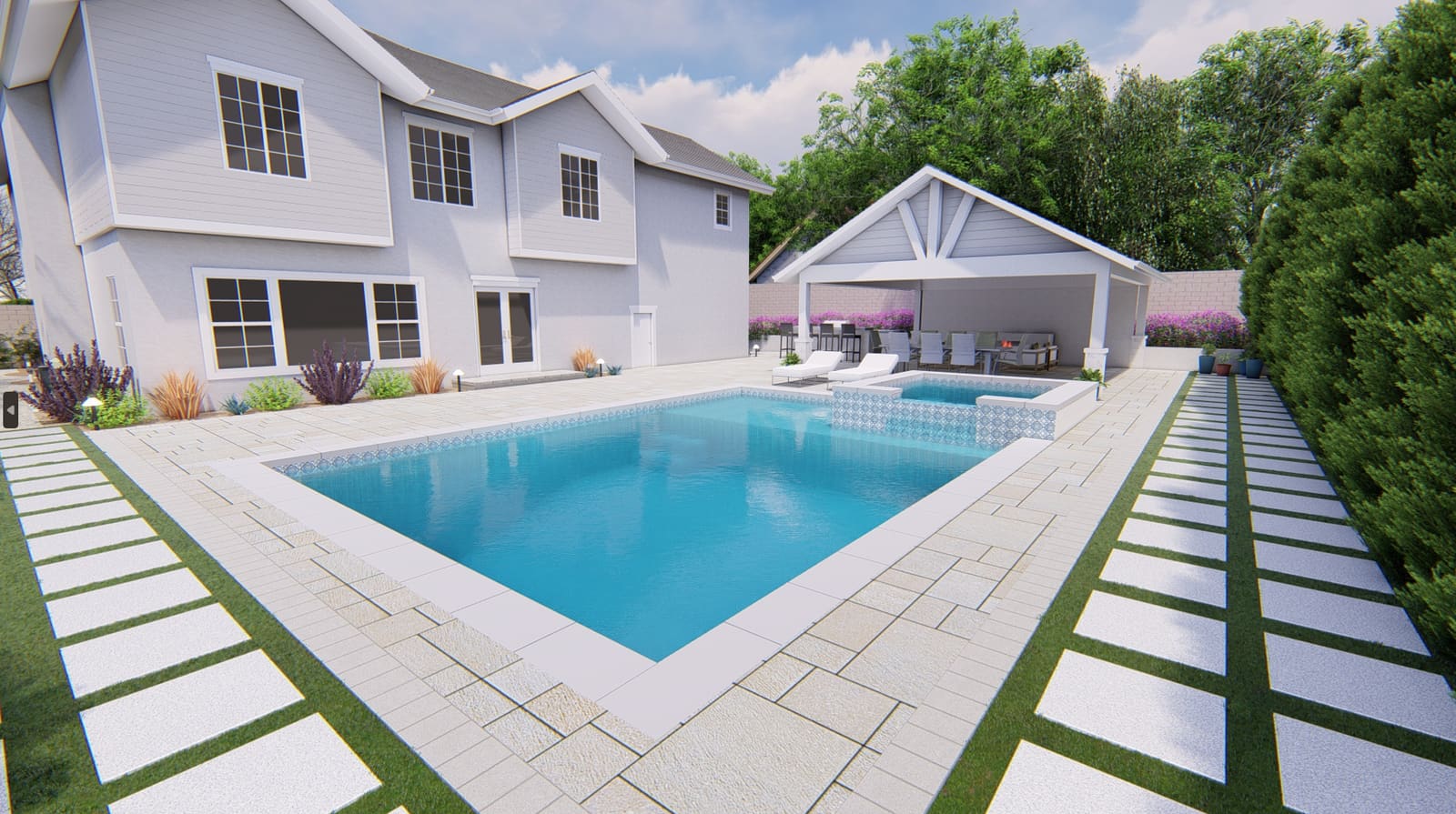 Rendering of the pool and raised spa with the cabana behind