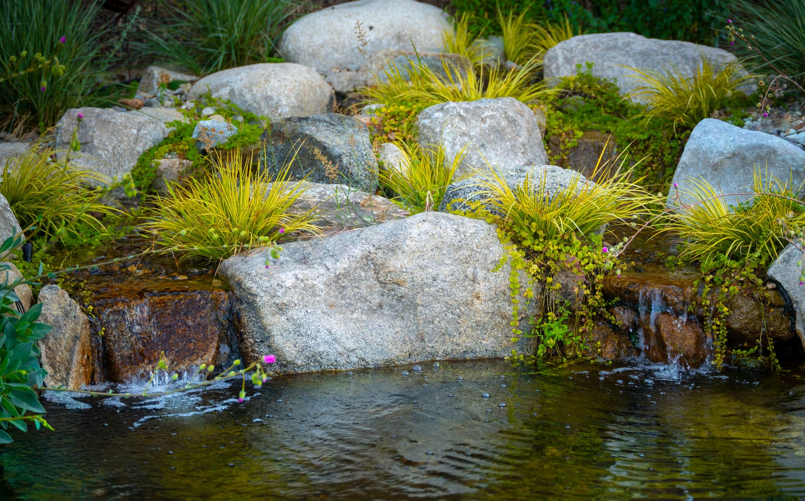 Granite boulders and grasses along the edge of the pond at the foot of the waterfall