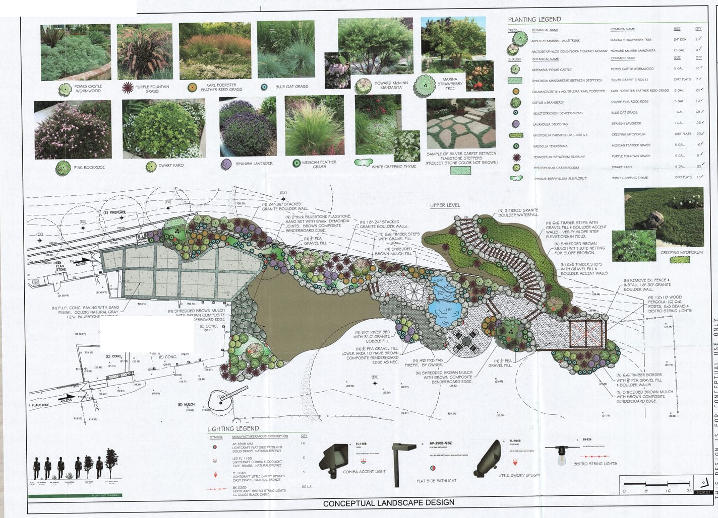 Conceptual landscape design for the hillside, with boulder waterfall, terraces, planting legend and lighting legend