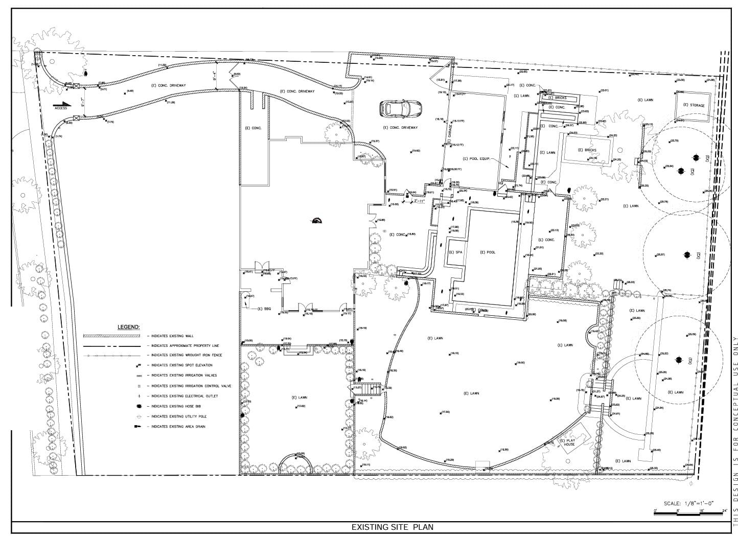 Existing site plan of the estate, recording the house, driveway, pool, spa, lawns and mature trees before design