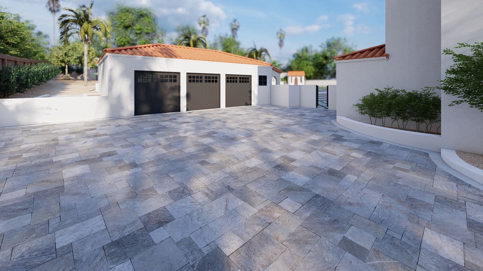 Rendering of the proposed paver driveway in large-format stone at the garage