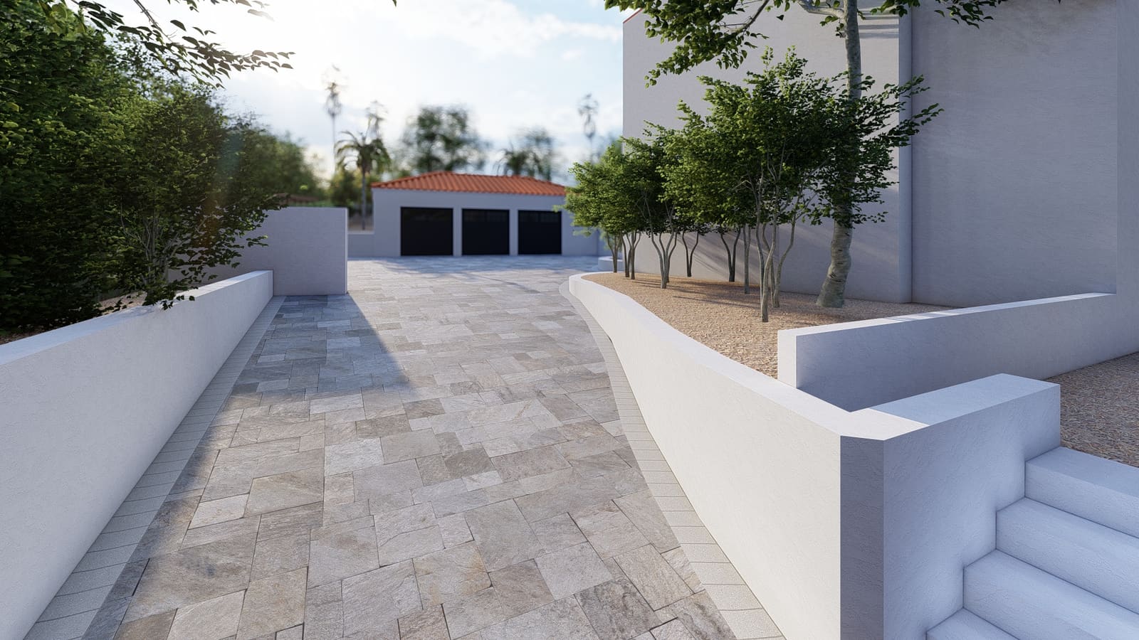 Rendering of the driveway approach, showing the paver field, retaining wall and new trees