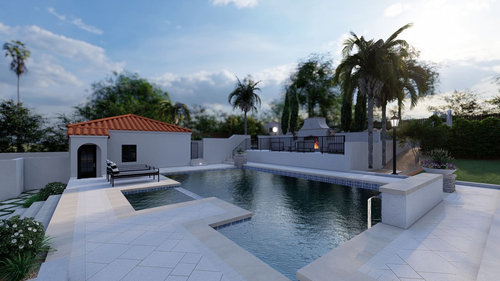 Rendering of the pool with its proposed stone deck and dark waterline tile