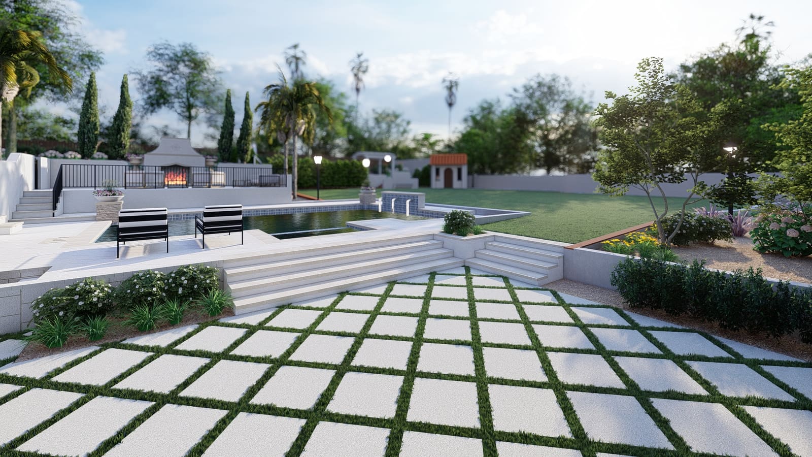 Rendering of the grass-jointed paver terrace stepping down to the pool
