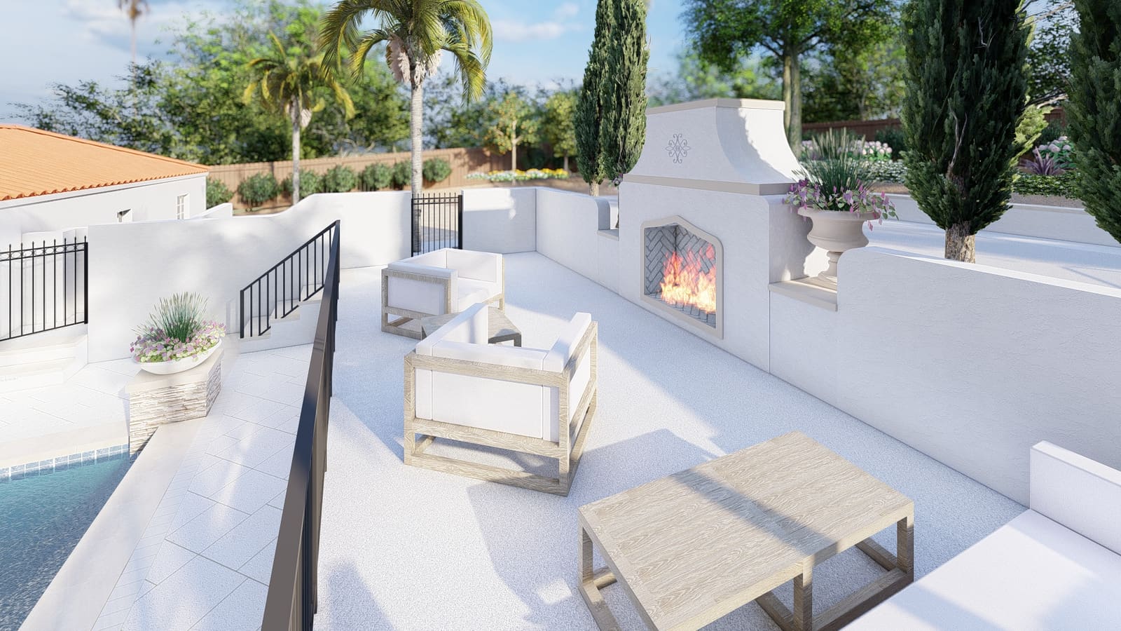 Rendering of the proposed white stucco outdoor fireplace with lounge seating