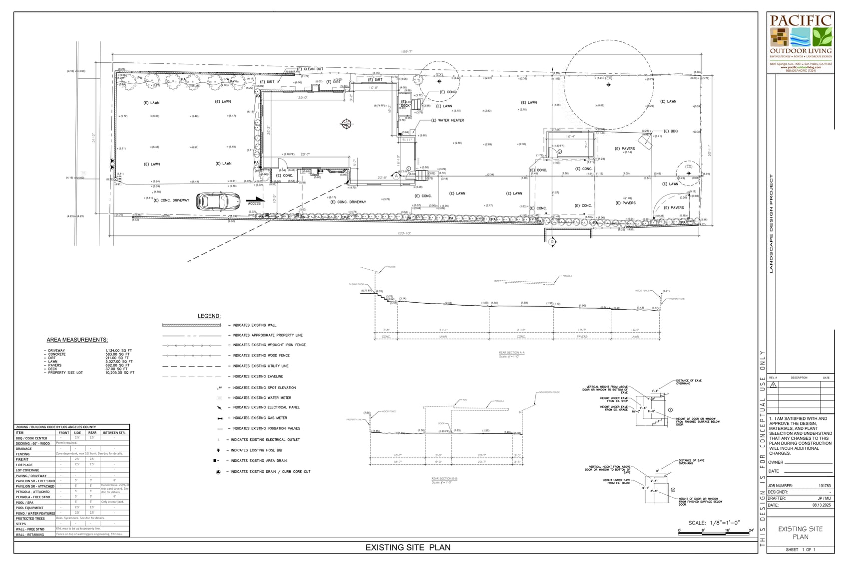 Existing site plan for the Pasadena backyard, recording the lawn, concrete, pavers, deck and driveway before construction