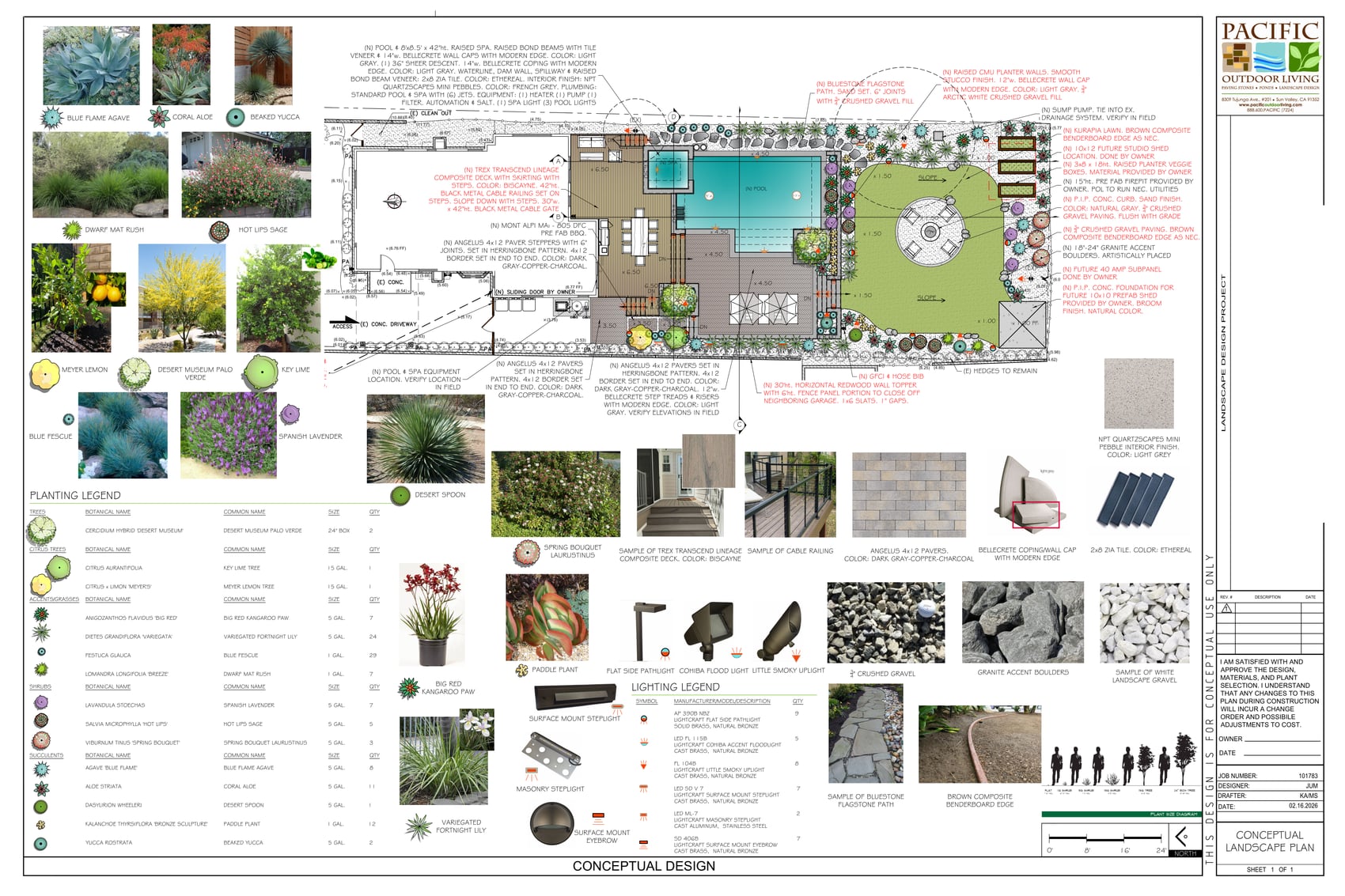A conceptual landscape plan whose lighting legend schedules path lights, accent floodlights, uplights, step lights, and eyebrow lights by model and count
