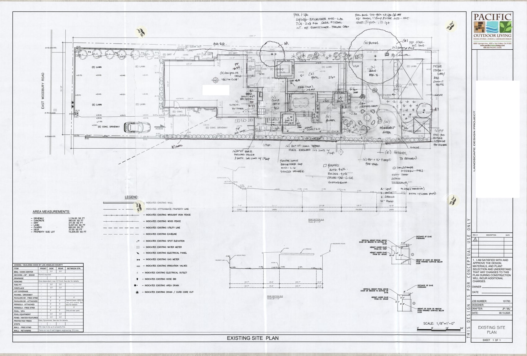 The designer's hand-marked-up print of the base plan, working out the pool, deck, pavers and fire-pit layout