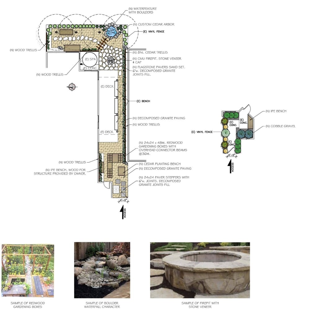 A conceptual landscape plan for a narrow backyard, calling out a flagstone patio, stone fire pit, boulder water feature, and cedar trellises, with sample photos of the chosen finishes