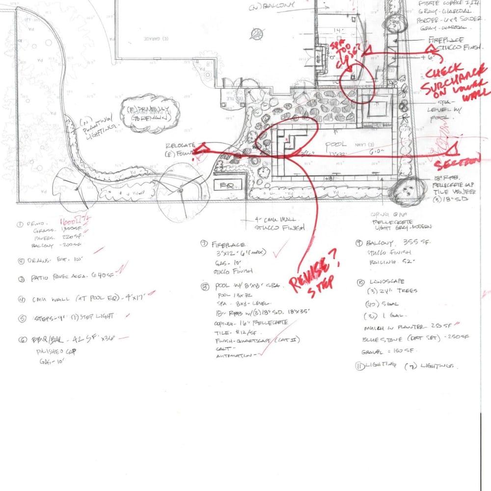A designer’s consultation sketch with red-pen markups and a handwritten, numbered list of the homeowner’s priorities, from the patio and fireplace to the pool, planting, and lighting