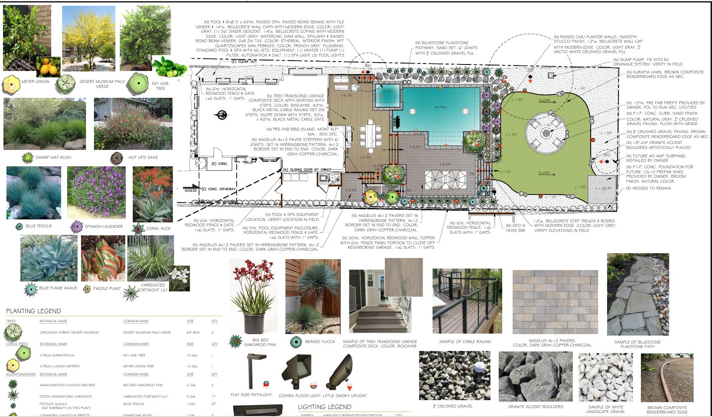 A full landscape design sheet showing the pool and patio plan around the fire pit, alongside planting photos, material samples, and a lighting legend