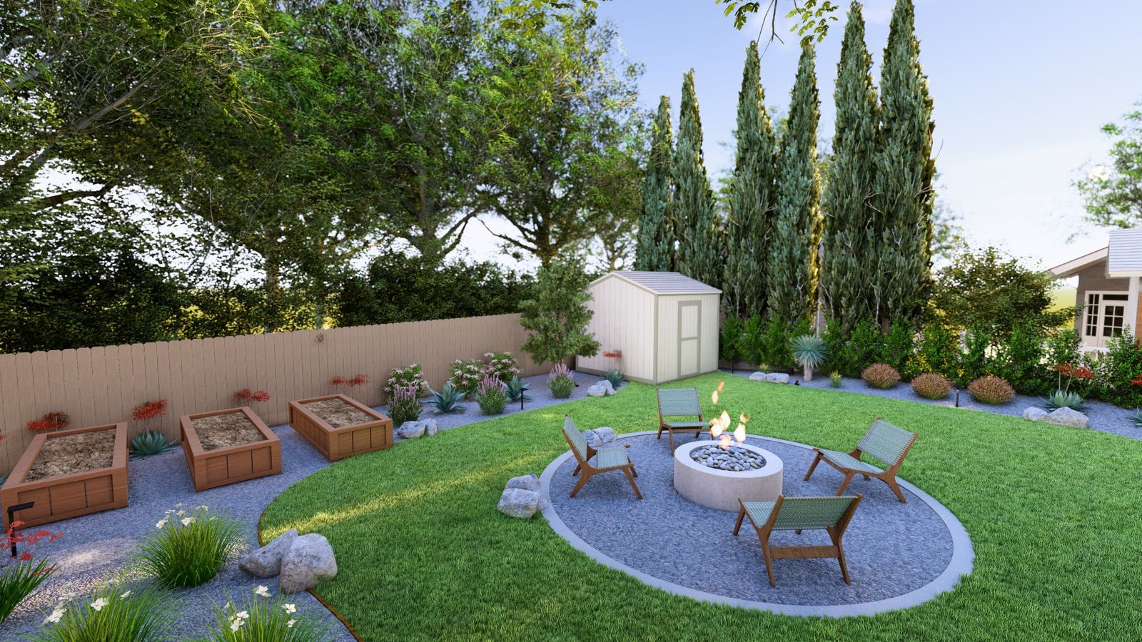 A 3D rendering of a circular gravel fire pit patio with seating, raised planters and drought-tolerant planting, used to agree the design before construction