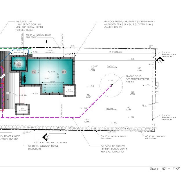 A utility plan marking the new gas line run and gas stub for the future fire pit, sized and buried to code