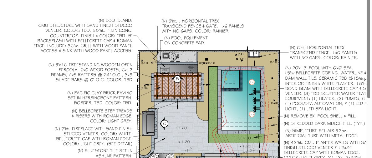 A site plan for a BBQ island, pergola, pool, and fireplace, with material and dimension callouts