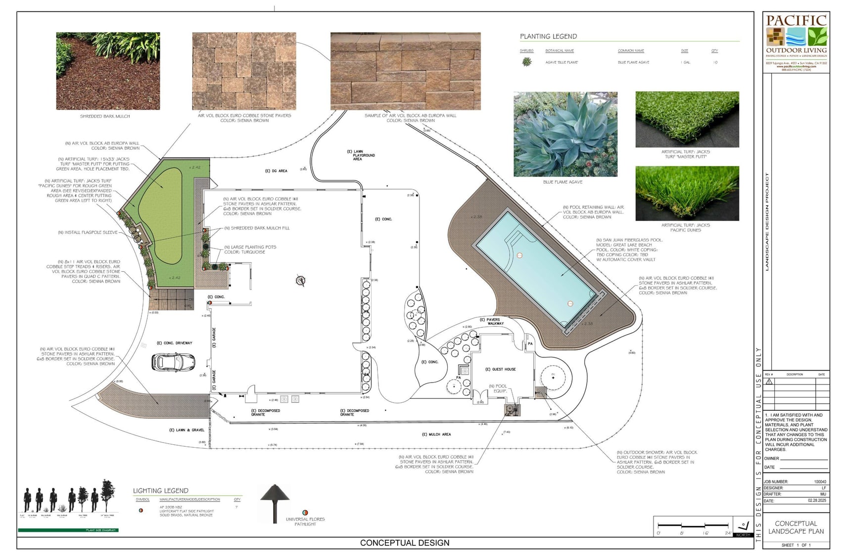 The conceptual plan for an Atascadero pool project, with a lighting legend calling for seven solid brass path lights along the new planting
