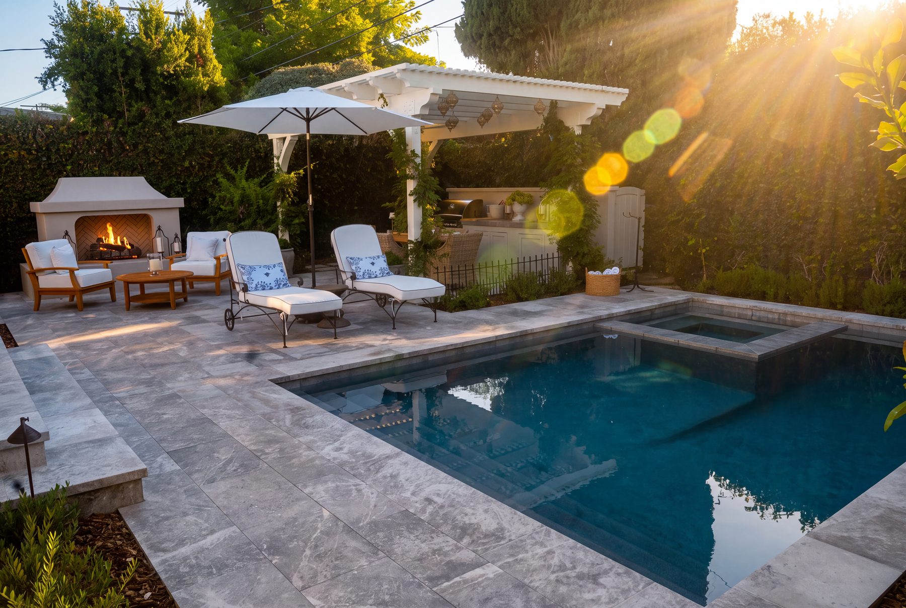 A large-format light gray paver pool deck at golden hour, with a raised spa, an outdoor fireplace, and a pergola-covered outdoor kitchen