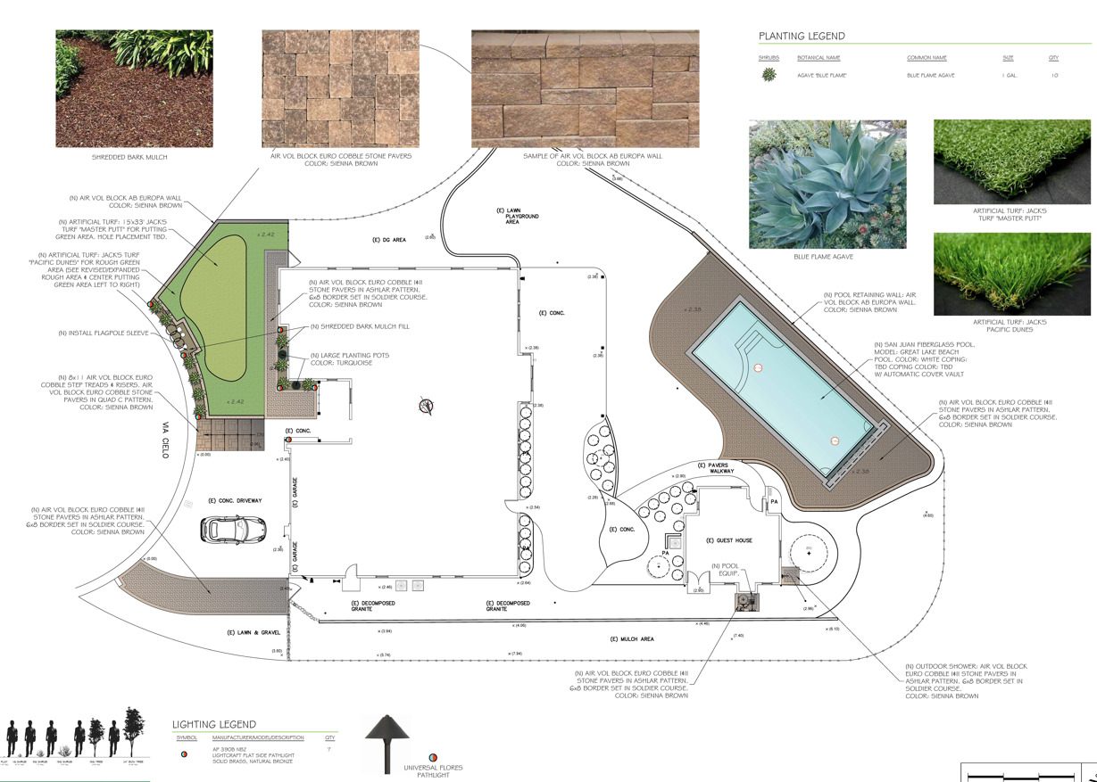 Design plan showing materials selections, planting legend, lighting legend, and detailed specifications for pool construction