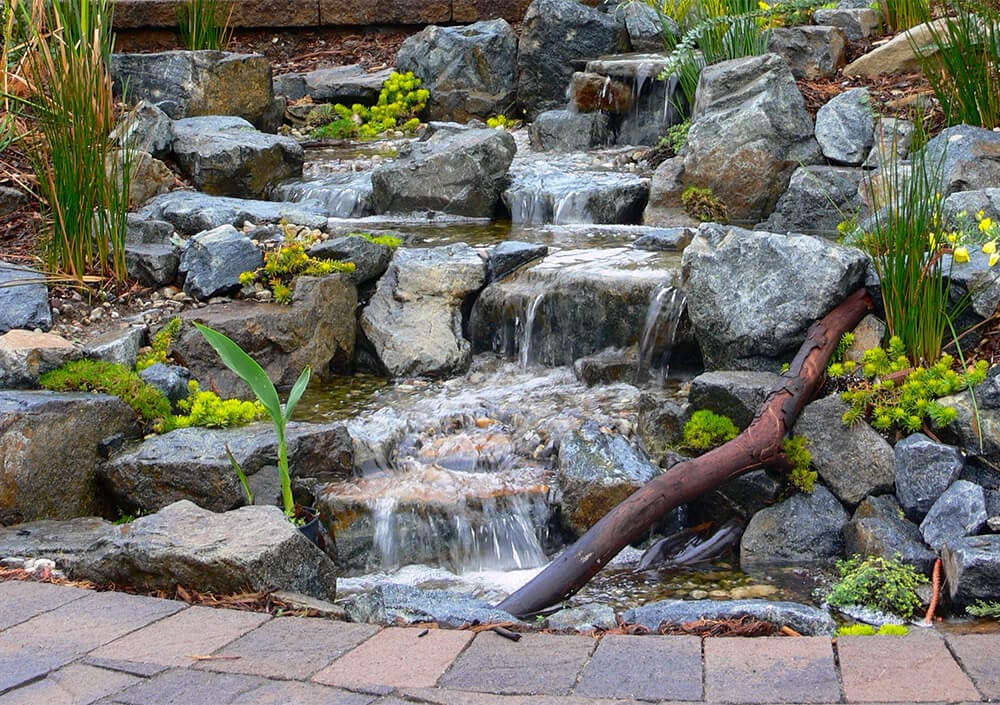 A natural pondless stream running through a garden bed lined with stone