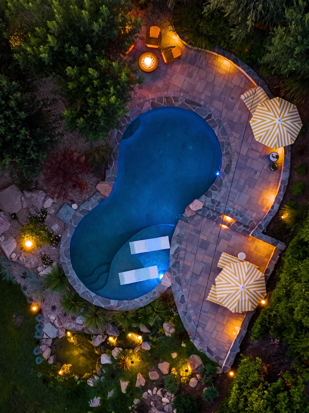 Complete backyard transformation with pool, lawn, outdoor seating, and layered planting