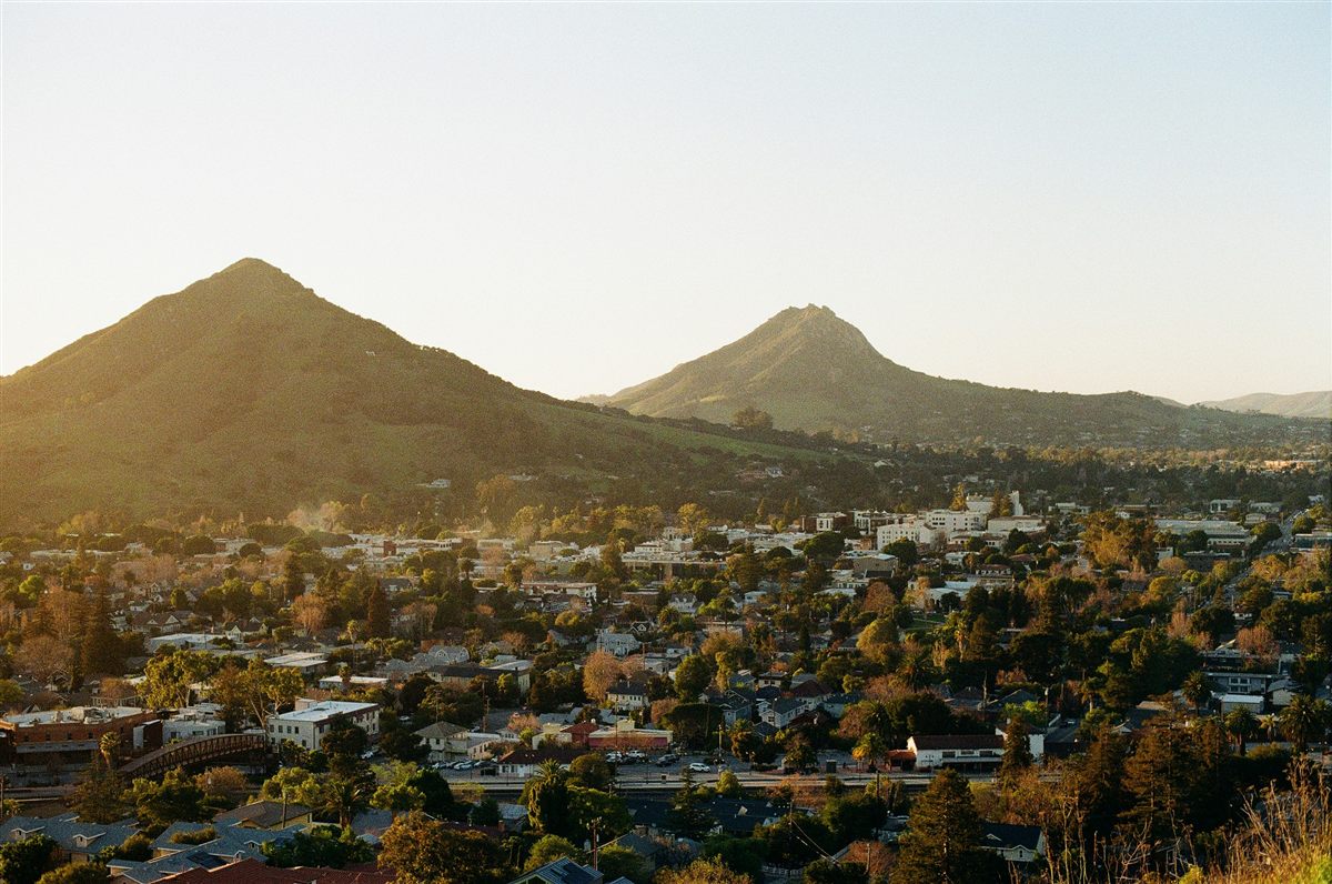 View of downtown San Luis Obispo with its landmark hills at sunset