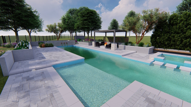 pool with landscaping and trees